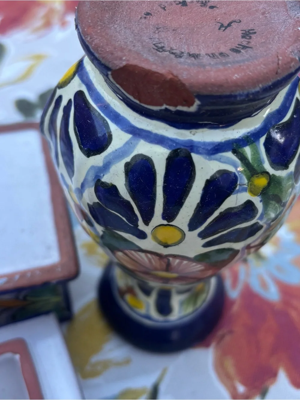 Hand-Painted Floral Ceramic Trinket Box and Vase - Blue Mexico